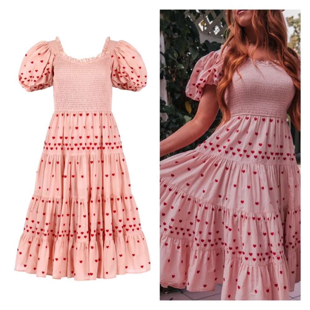 JessaKae Pink Midi Dress with Red Hearts